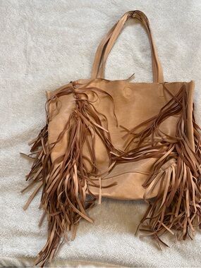 Fringe Leather Tote Bag in Tan